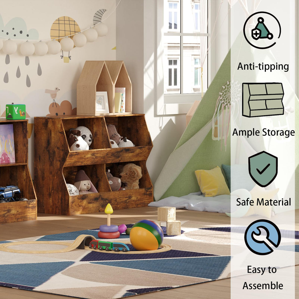 Kids Multifunctional Wooden Bookshelf & Toy Storage Cabinet in Rustic Brown DINZI LVJ