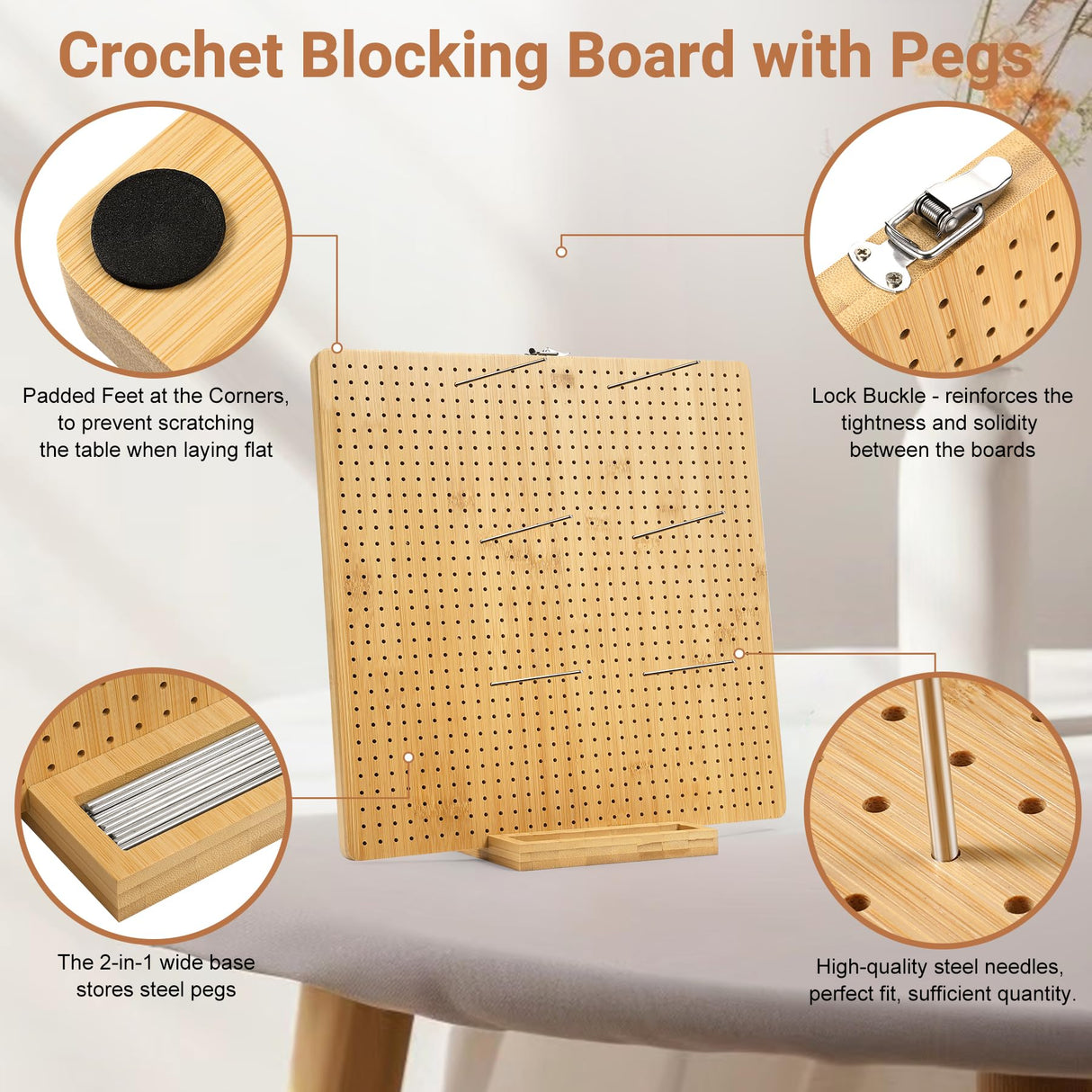 Aulin 15.5"" x 15.5"" Foldable Crochet Blocking Board with Pegs | 35 Stainless Steel Rod Pins - Upgrade Large Blocking Boards for Crochet Projects, Gifts for Crocheters, Mothers, Grandmothers Aulin