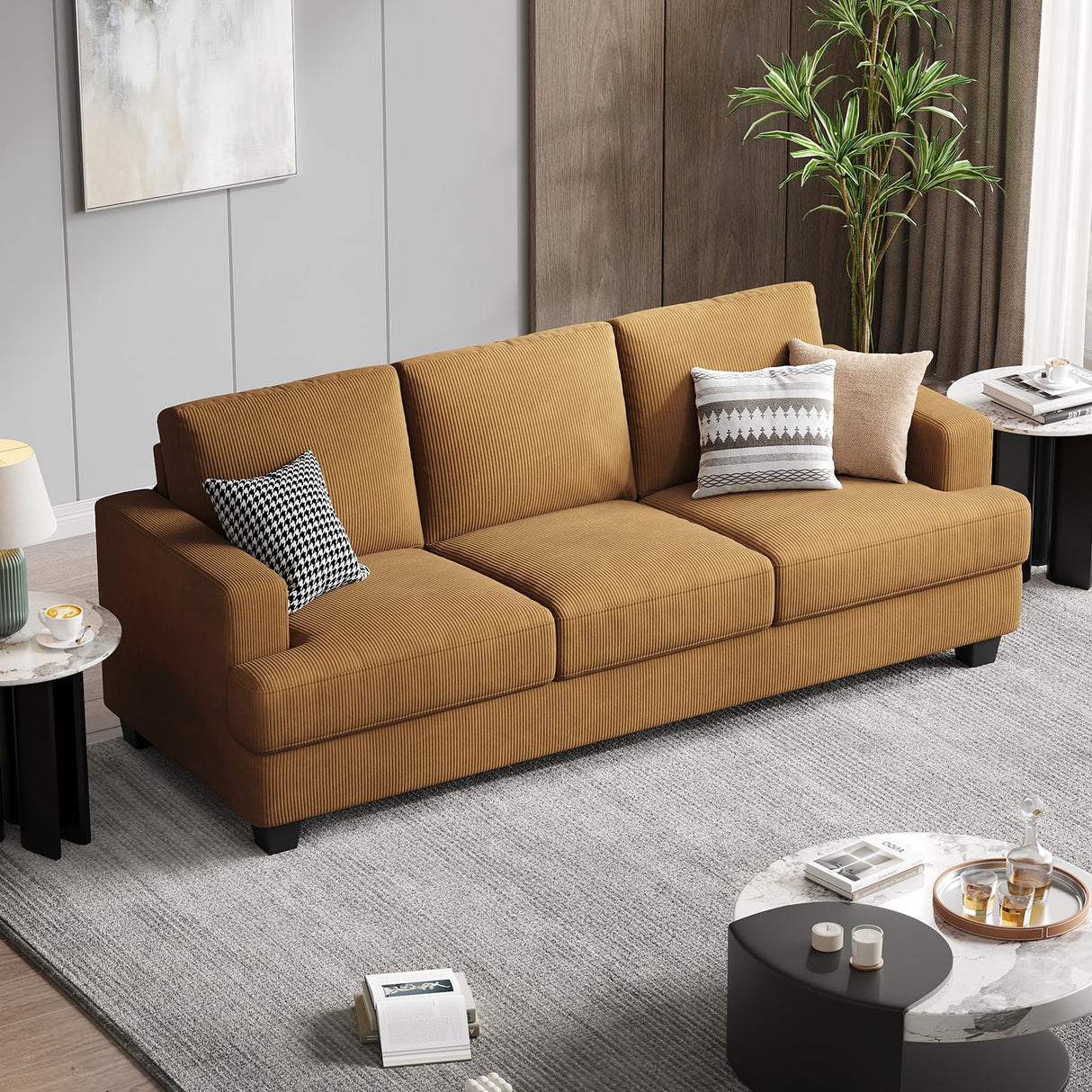 COPIAE 89 Inch Sofa with Extra Deep Seats Oversize, 3 Seater Sofa for Living Room, Modern Couch and Sofa, Comfy Armrests and Seats and Backrests, Easy Installation, Corduroy Fabric Ginger Yellow COPIAE
