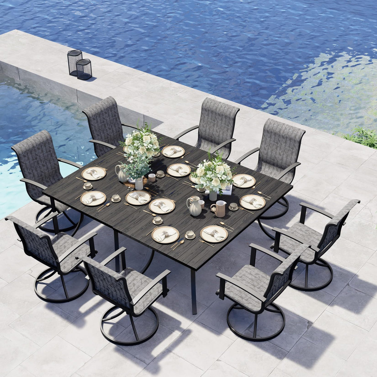 Grand patio 10-Piece Patio Dining Set for 8, Outdoor Dining Set with Swiviel Patio Chairs & 1 Rectangular Woodgrain Dining Table with Umbrella Hole, Black & Grey Plaid Grand patio