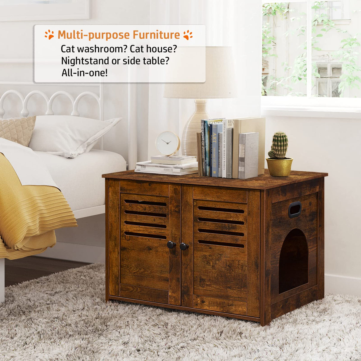 DINZI LVJ Litter Box Enclosure, Cat Litter House with Louvered Doors, Entrance Can Be on Left or Right Side, Spacious Hidden Washroom for Most of Litter Box, Cat Furniture Cabinet, Rustic Brown DINZI LVJ