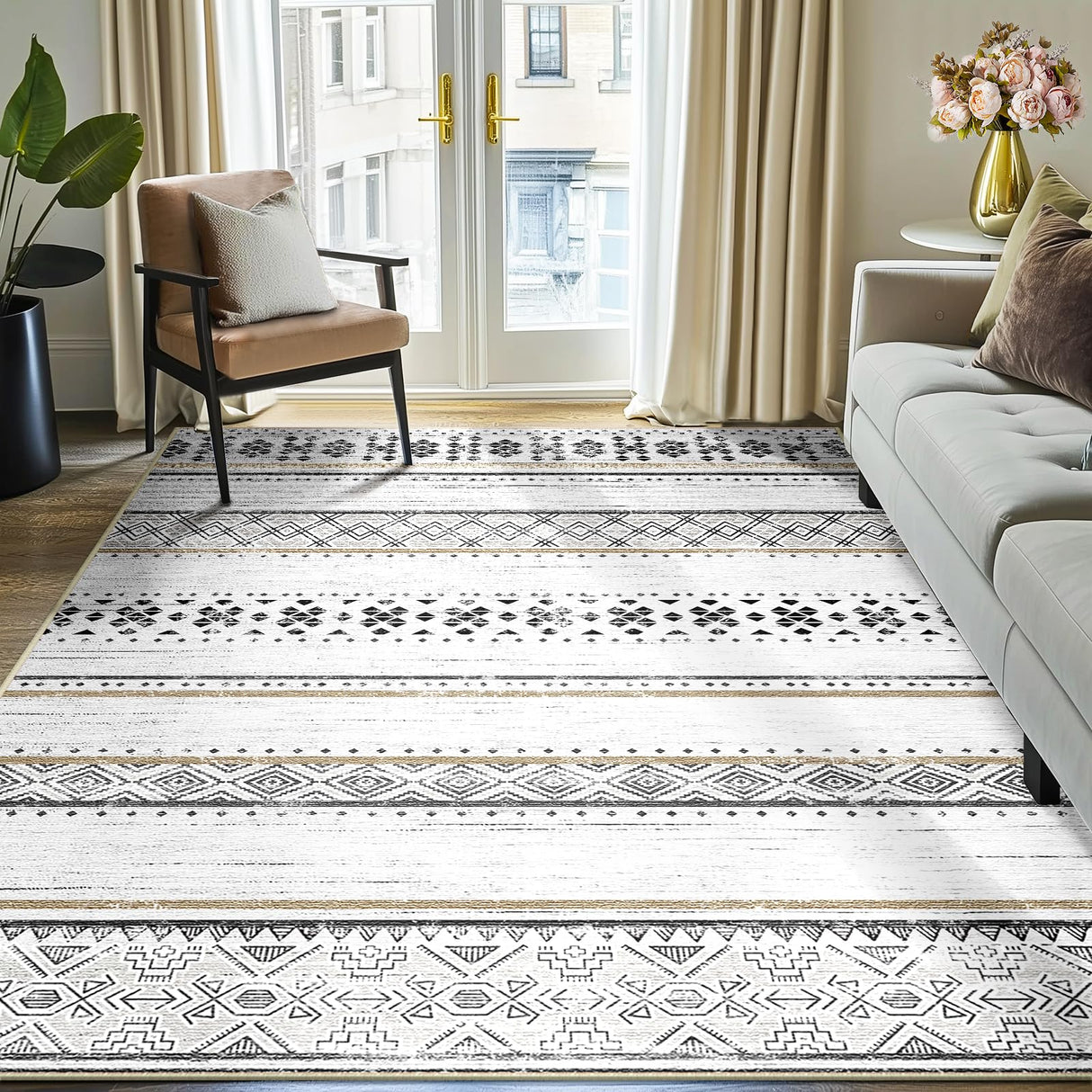 BESTSWEETIE 5x7 Area Rugs for Living Room Washable Moroccan Farmhouse Neutral Geometric Low Pile Non-Slip Soft Print Pattern Rug for Bedroom Kitchen Dining Room Entryway Black/Brown BESTSWEETIE