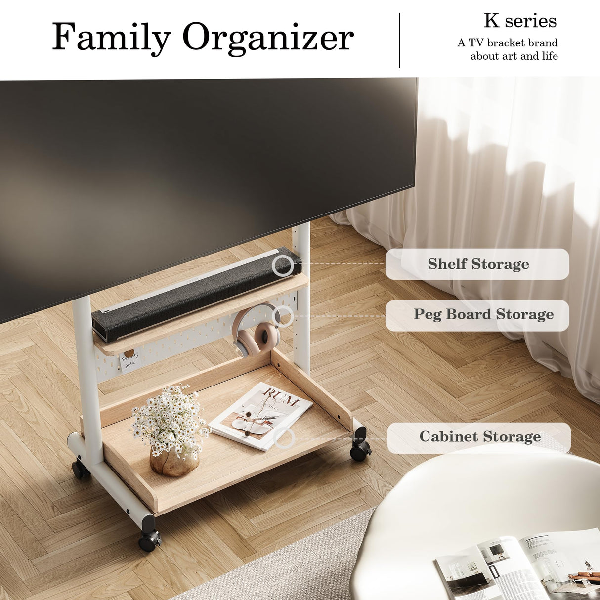 FITUEYES Rolling Floor TV Stand Mount for 40-85 Inch Large LCD/LED TVs TV Cart Heavy Duty Hold Up to 132 lbs Mobile Corner Stand with Mount for LCD/LED Flat Curved Screens with Wooden Large Storage FITUEYES