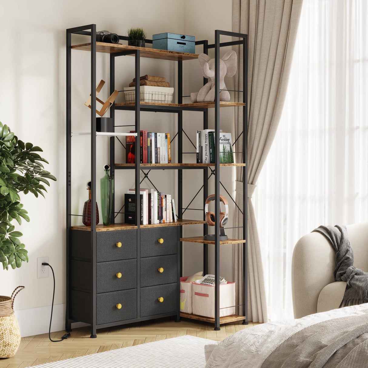 AFLUI Corner Bookshelf with LED Lights & 6 Fabric Drawers, 5-Tier Industrial L-Shaped Bookcase with Acrylic Display Shelf for Living Room, Office AFLUI