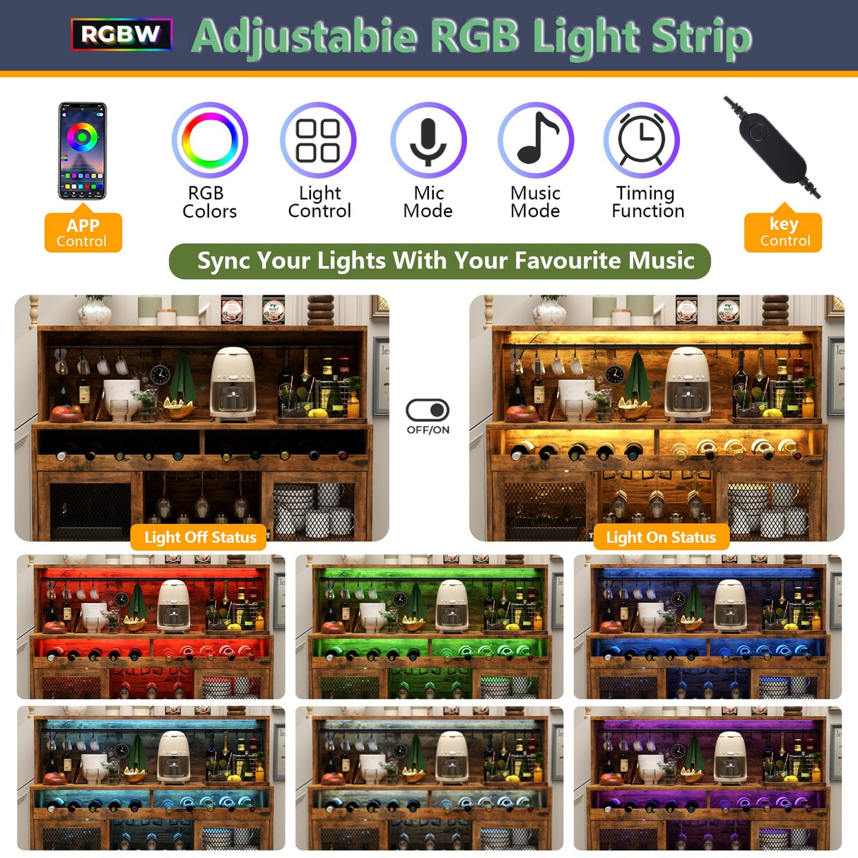 Loomie Wine Bar Cabinet with LED Light, Liquor Cabinet with Glass Holder, Coffee Bar Cabinet for Liquor, Storage Buffet Cabinet with Wine Racks, Wine Cabinet with Mesh Door (Rustic) Loomie