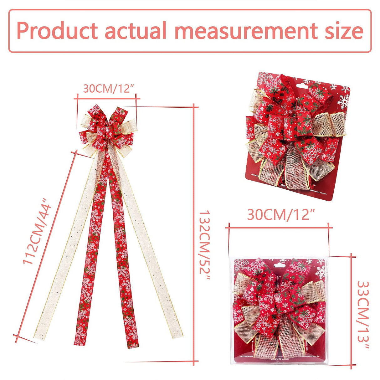 Christmas Tree Topper Bow, 44X12 Inch Artificial Xmas Tree Flower Topper Decor, for Family, Wedding, Birthday Party, Indoor Outdoor Thanksgiving Christmas Decoration - Red/Gold/Snowflake. RoseCraft