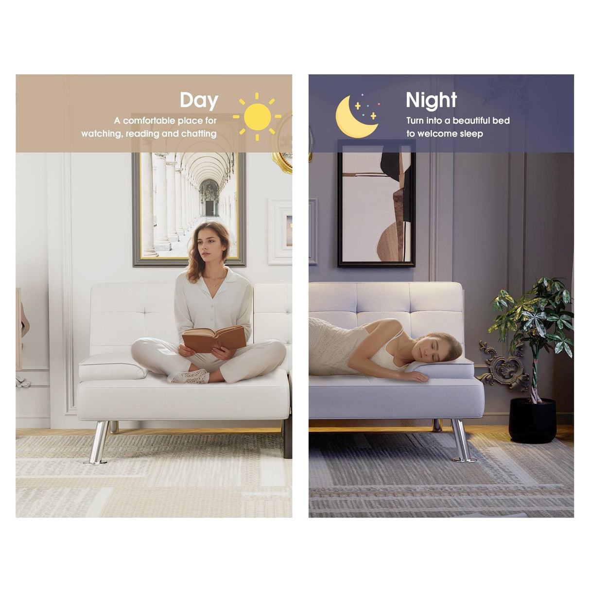 Flamaker Futon Sofa Bed Modern Folding Futon Set PU Leather Convertible Recliner Lounge for Living Room with 2 Cup Holders, Removable Armrests (PU Leather, White) Flamaker