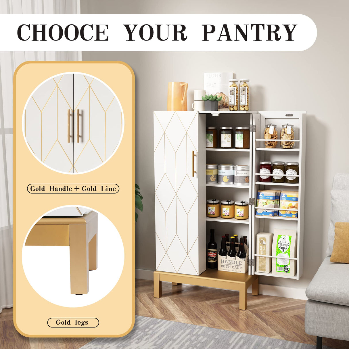 HOLTICO 45'' Storage Cabinet with Doors and Adjustable Shelves,Food Pantry Cabinet for Kitchen,Dining Room,Living Room and Garage,Gold Lines and Legs, White. HOLTICO