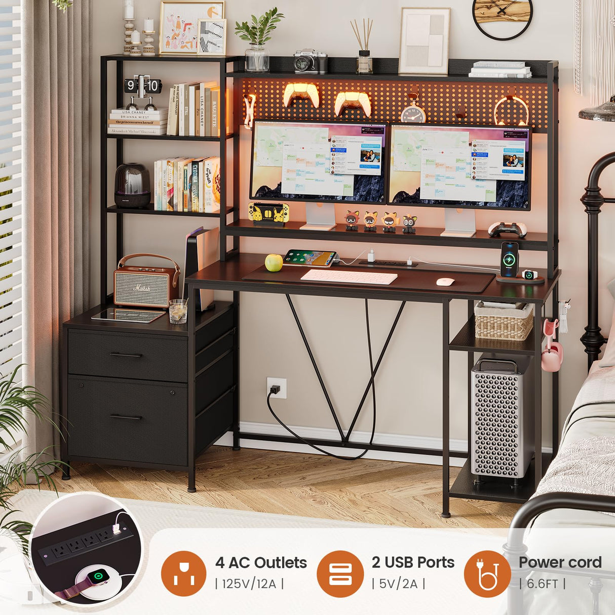 UPOSOJA Gaming Desk with Hutch, 65in Reversible Computer Desk with Power Outlets LED Light, Home Office Desk with Monitor Stand 2 Drawers 4 Storage Shelves Pegboard 8 Hooks Mouse Pad (Black) UPOSOJA