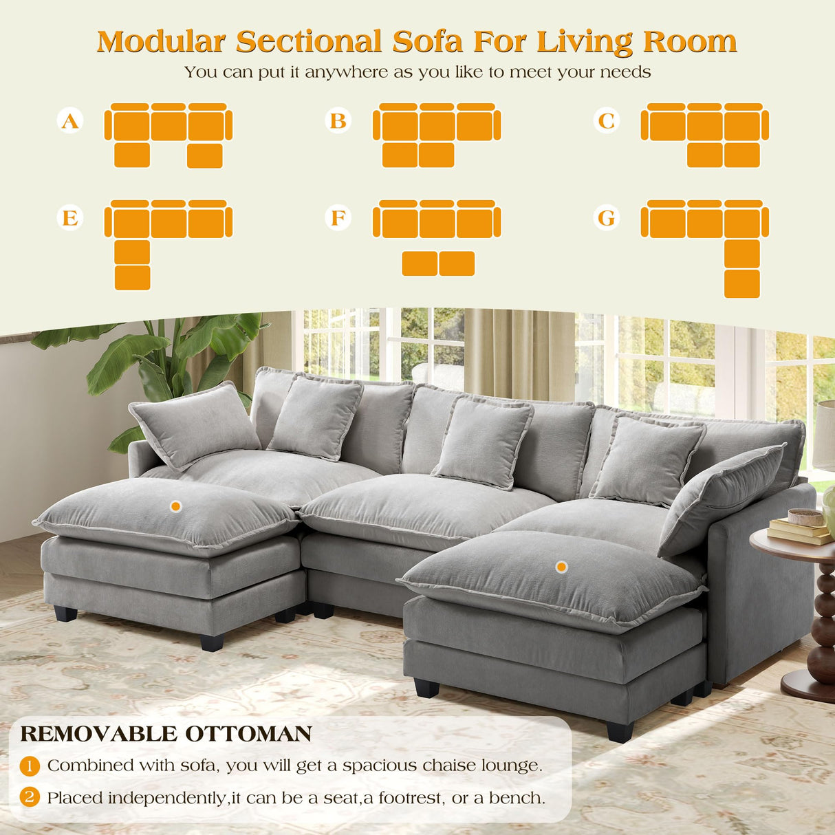 113.4" Modular Sectional Sofa,U Shaped Couch for Living Room,Modern Deep Seat Sofa 3 Seater Chenille Fabric Comfy Cloud Couches with Throw Pillows & Movable Ottoman Hanherry