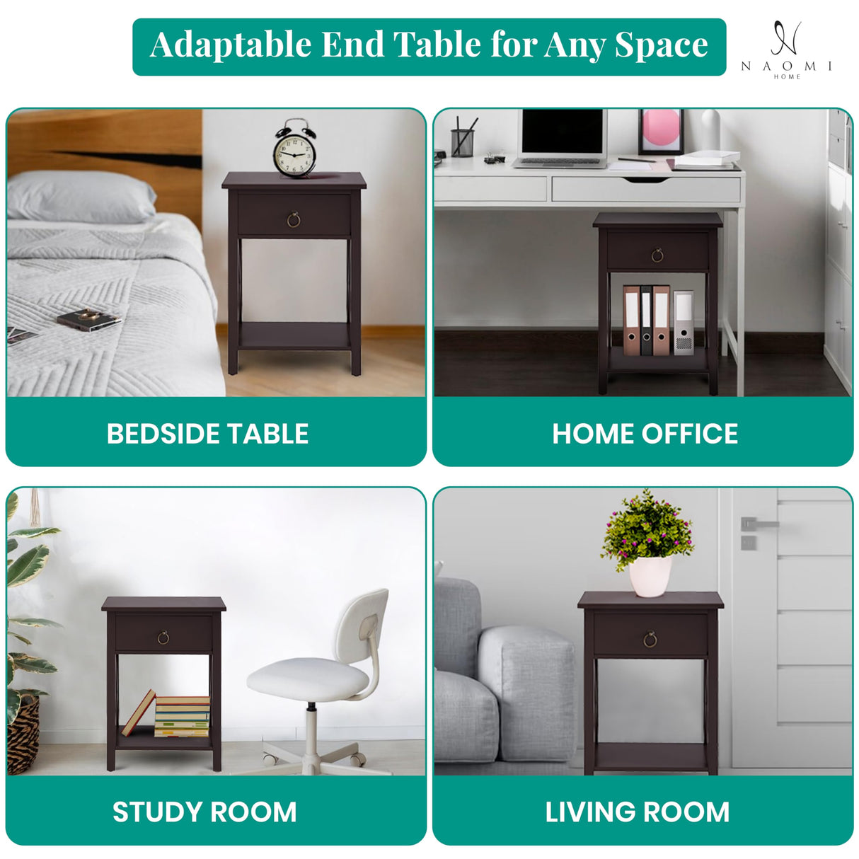 Naomi Home Eily Small Night Stand, Bedside Table with Drawers and Shelf, Sleek Bedroom Nightstand with X-Design for Small Spaces, Offices, Living Rooms - Espresso Naomi Home