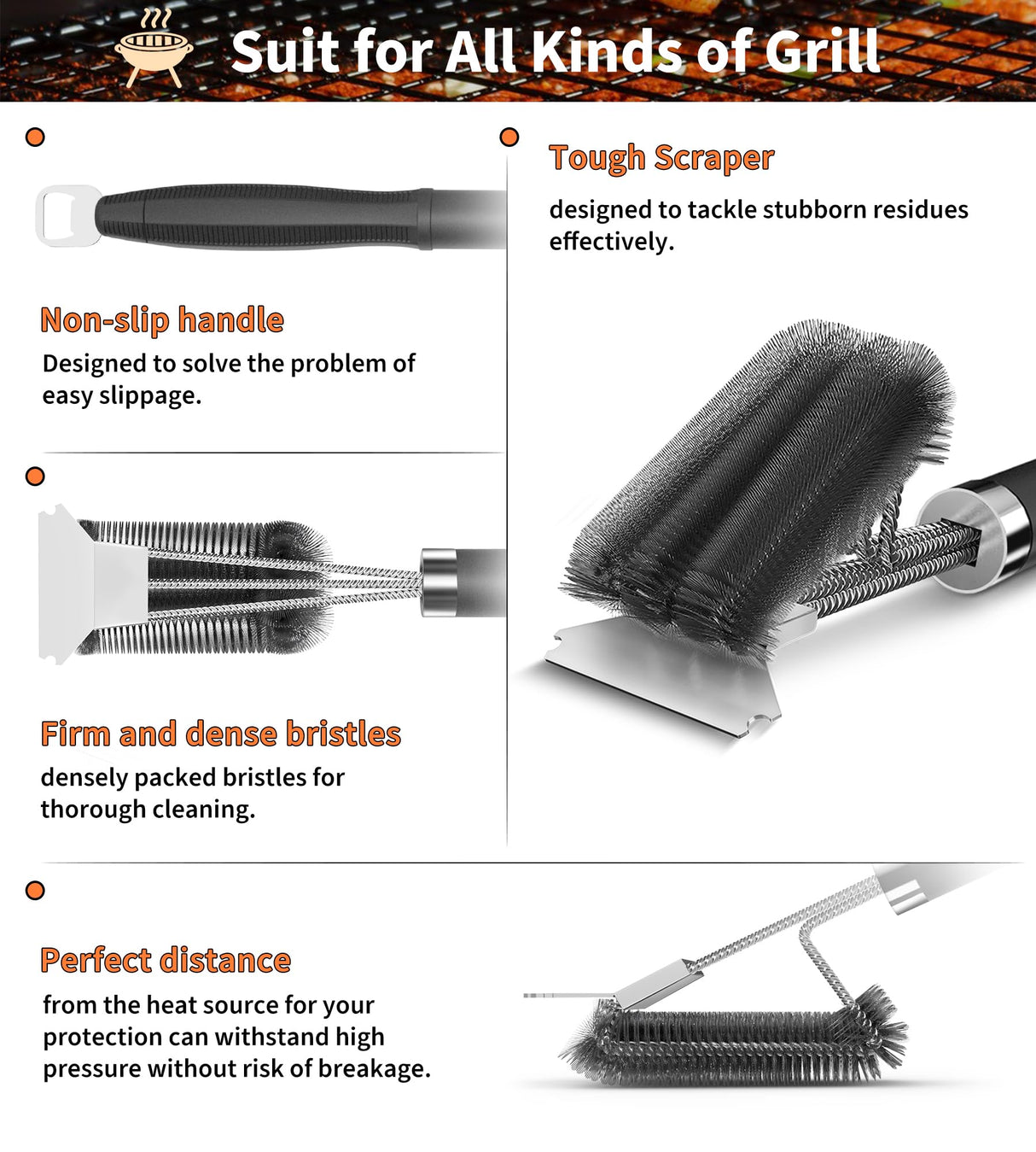 PePeng Grill Brush with Scraper, Non-Slip Handle, Bottle Opener, 3 in 1 Extra Strong BBQ Cleaner Accessories, Deep Clearning Brush for Gas/Charcoal Grilling Grates Pepeng