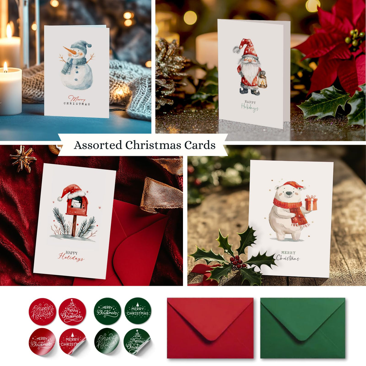 Merry Christmas Cards Boxed with Envelopes, Set of 20 Watercolor Designs Cards - 4x6 Inches Bulk Christmas Cards with Envelopes & Matching Stickers, Smudge-resistant Heavy Duty Cardstock Paper Play