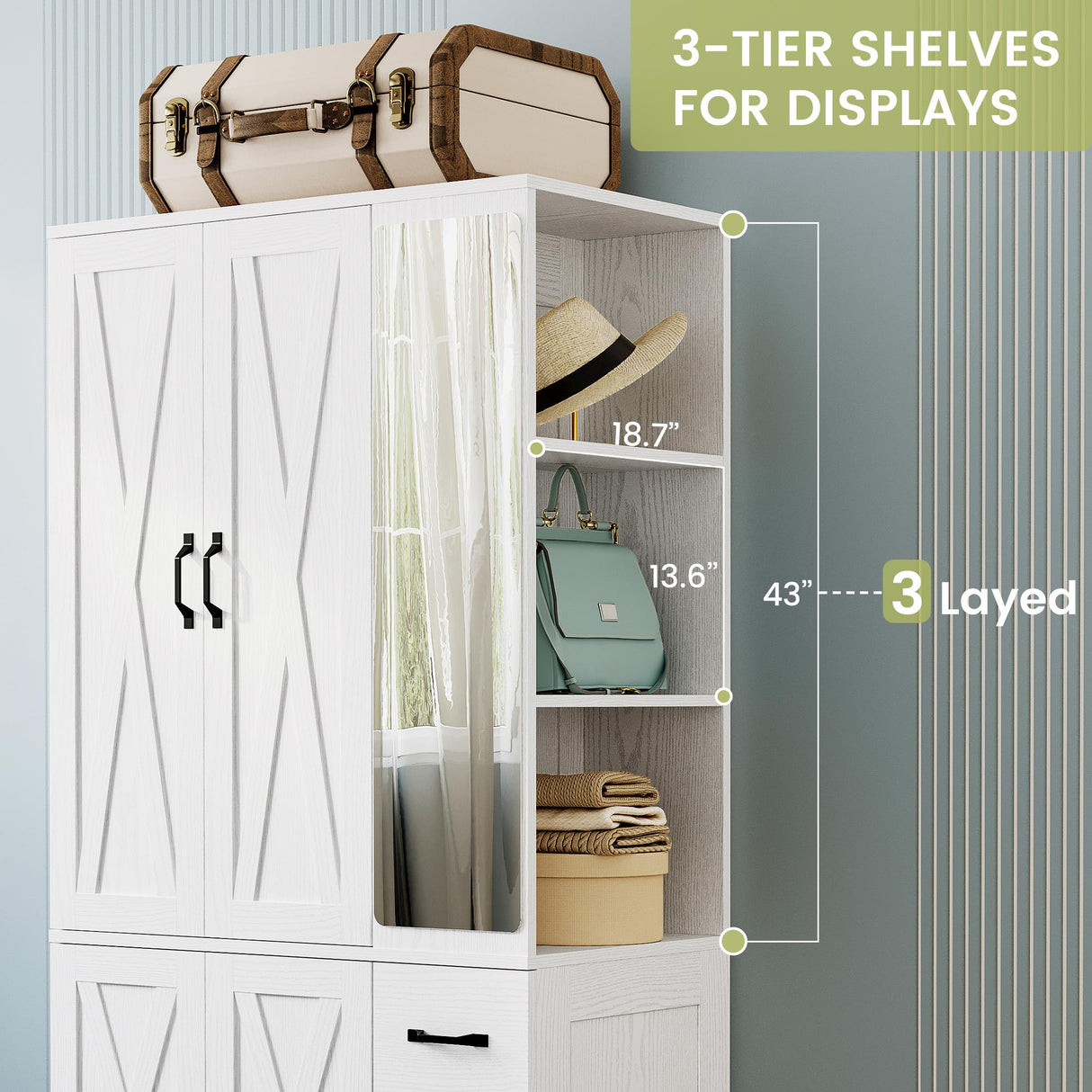 ANCTOR Armoire Wardrobe Closet with Mirror, 70.9" H × 36.2" W, Bedroom Armoires with 4 Doors, 3 Drawers and Shelves, Large Clothing Storage Cabinet for Hanging Clothes, White ANCTOR