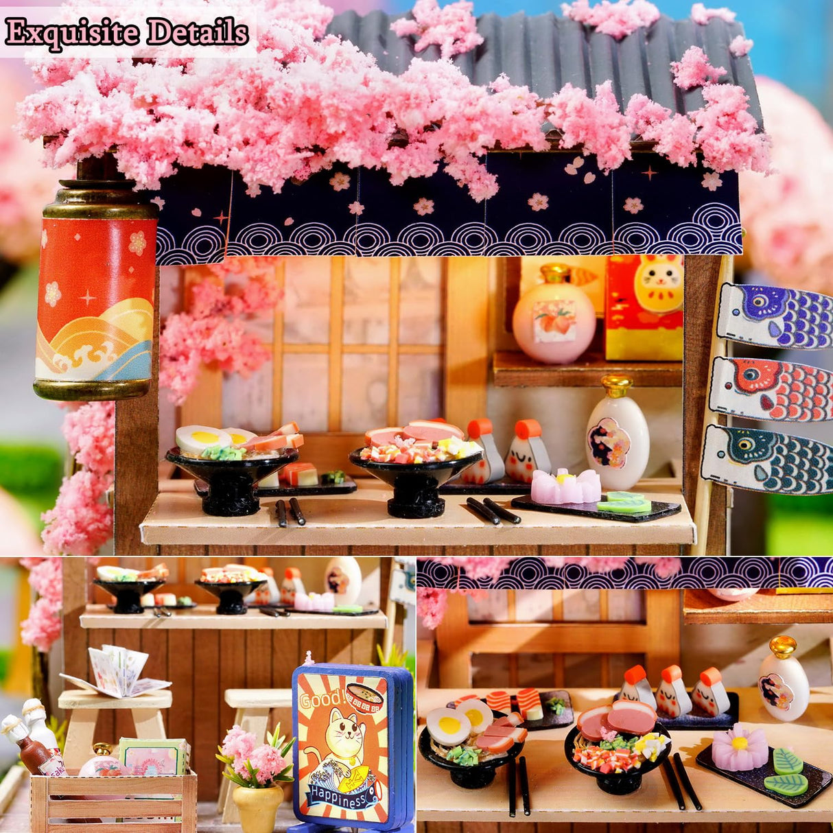 TuKIIE DIY Miniature Dollhouse Kit with Furniture, 1:24 Scale Creative Room Mini Wooden Doll House Plus Dust Proof for Kids Teens Adults(Sakura Noodles Shop) TuKIIE