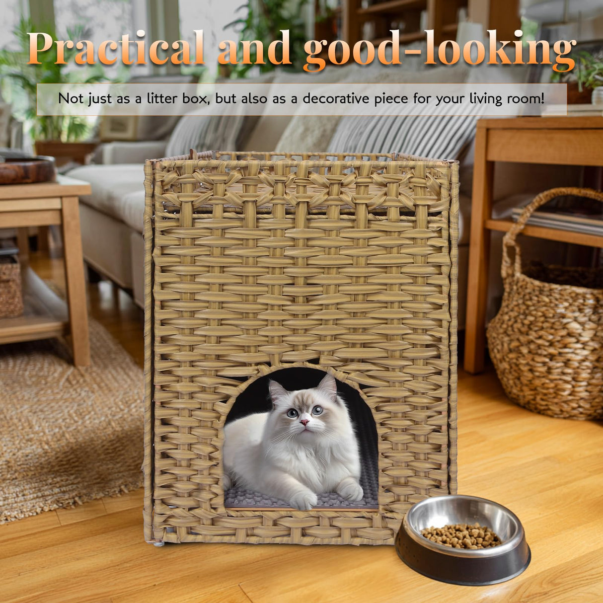 Cat Litter Box Enclosure Furniture Hidden Cabinet - Handwoven Rattan Pet House with 2 Removable Mats - Large Foldable Design for Privacy - Fits Living Room, Bedroom, Balcony Natural Neti Neti