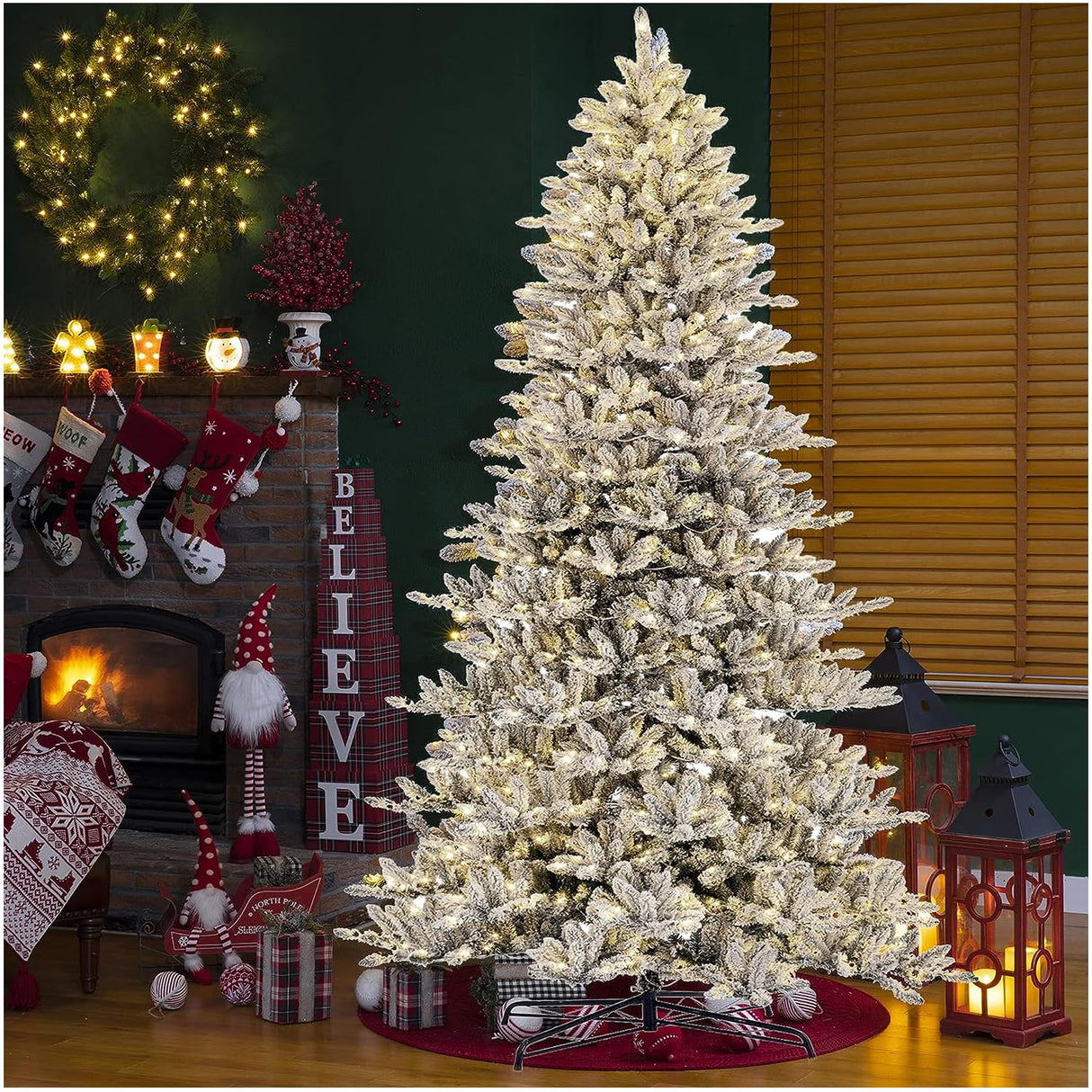 Glitzhome 11ft Pre-Lit Flocked Slim Fir Artificial Christmas Tree, Large Xmas Tree with 950 Warm White Lights for Holiday Decorations Glitzhome