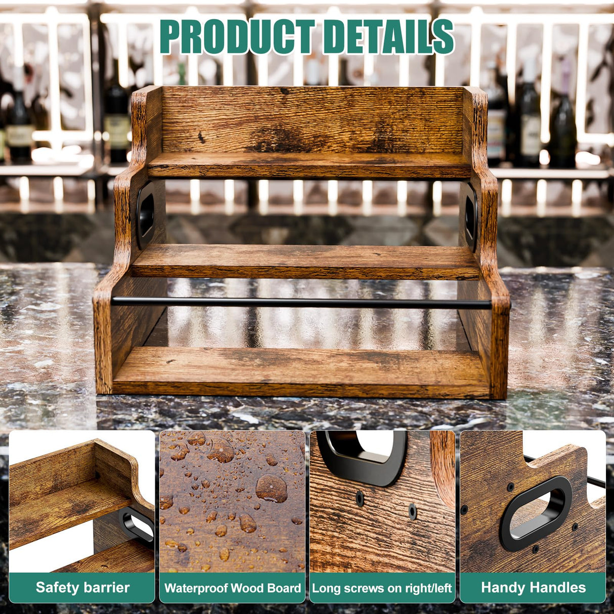 KLM Liquor Bottle Display Shelf, Coffee Syrup Rack Organizer, 3 Step Countertop Liquor Wine Rack, mini bar,liquor cabinet, Home Retro Bar Shelf Stand for Liquor Whiskey, Spirits KLM