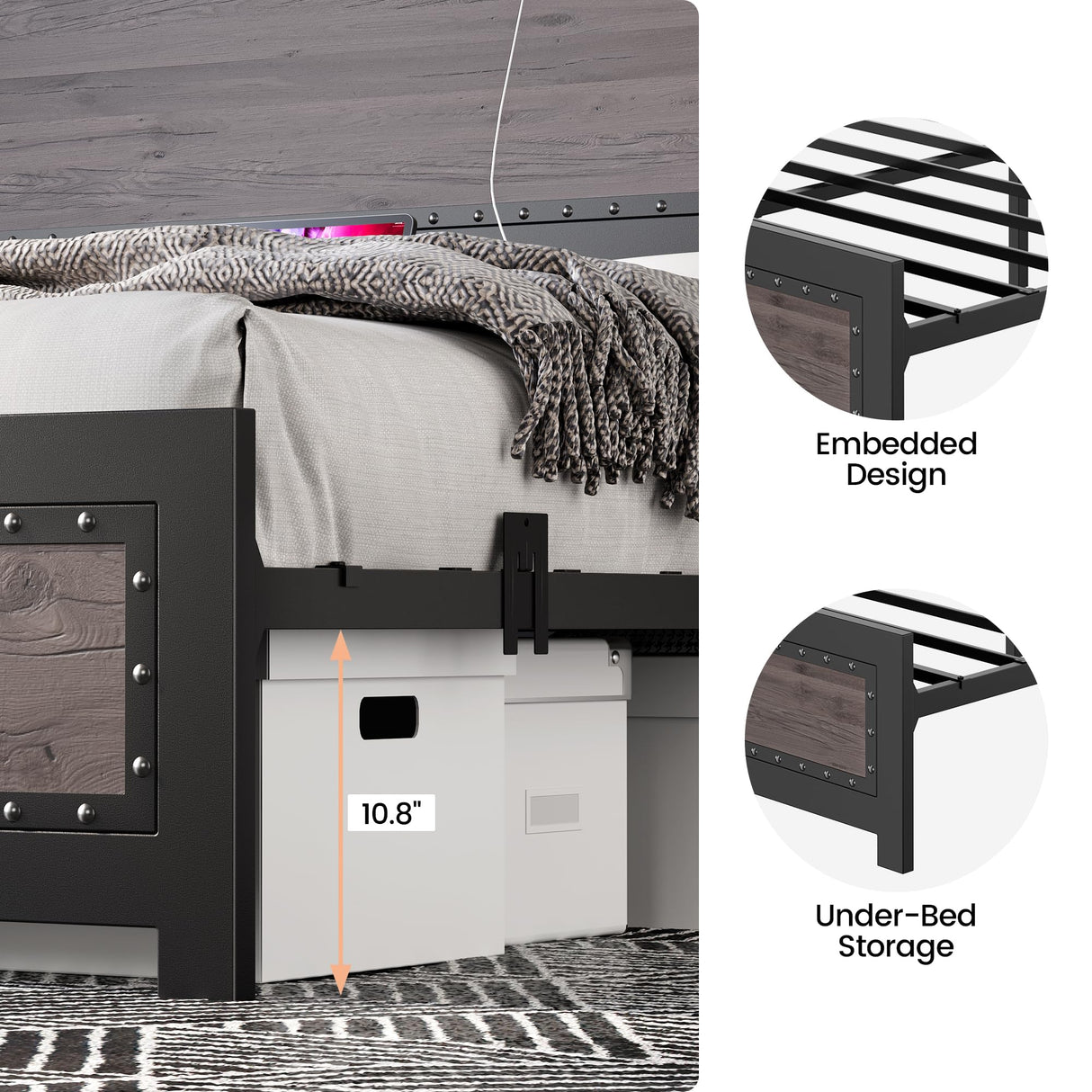 Curtainboro King Size Bed Frame with Charging Station, Bed Frames with Modern Industrial Wood & Rivet Design, No Box Spring Needed, Quick 15-Min Assembly Curtainboro