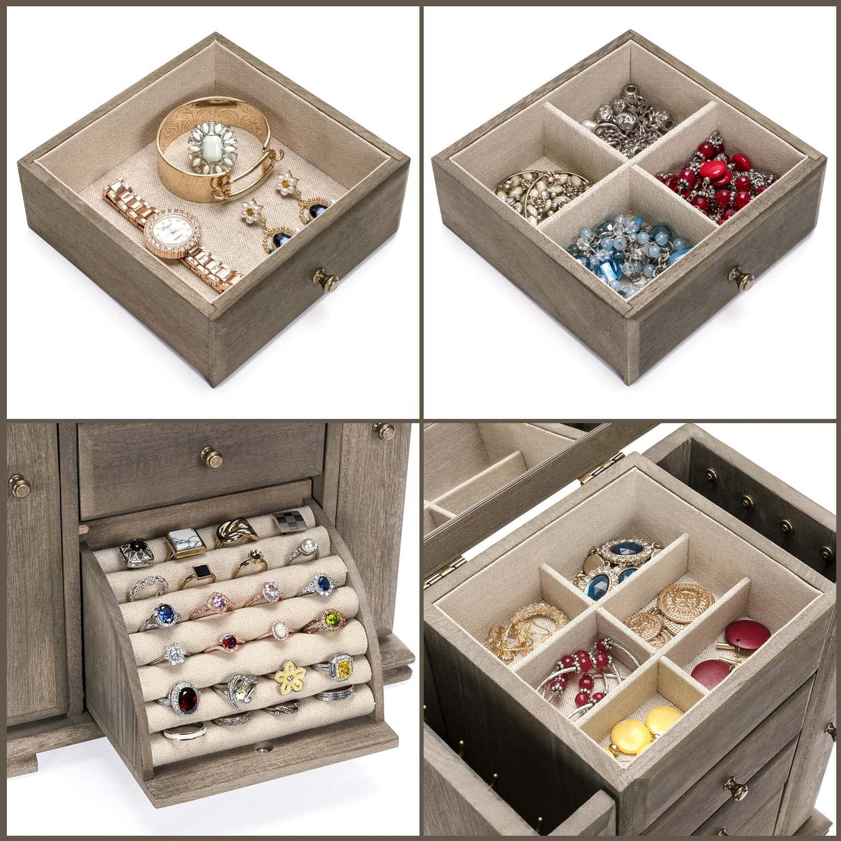 Emfogo Jewelry Box for Women, Rustic Wooden Jewelry Boxes & Organizers with Mirror, 4 Layer Jewelry Organizer Box Display for Rings Earrings Necklaces Bracelets (Weathered Gray) Emfogo