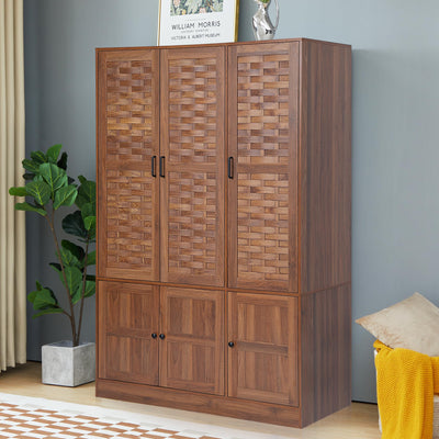 LEVNARY Wardrobe Closet with 6 Woven Doors, Walnut Armoire Wardrobe Cabinet for High Storage Capacity with Adjustable Shelves and Hanging Rail, Freestanding Tall Bedroom Closet (Walnut)