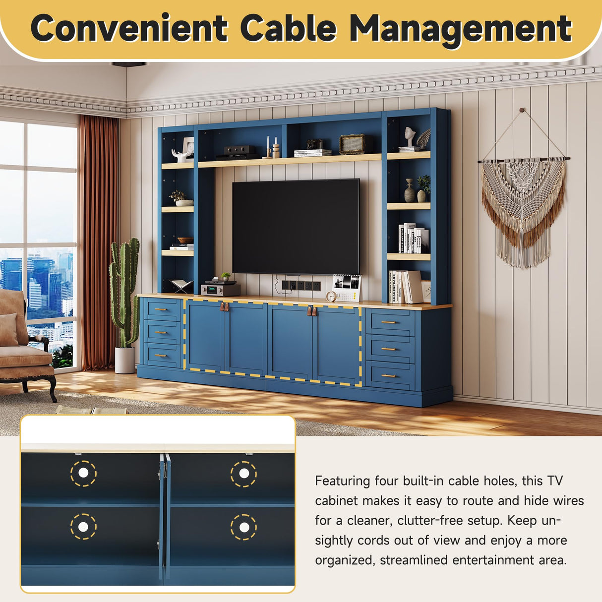 Polibi 102.3" Farmhouse TV Stand with Bookshelves & 6 Drawers, Rustic Media Console for TVs Up to 75", 4-Piece Entertainment Center Wall Unit with Adjustable Shelves & Cable Management,Navy Blue Polibi