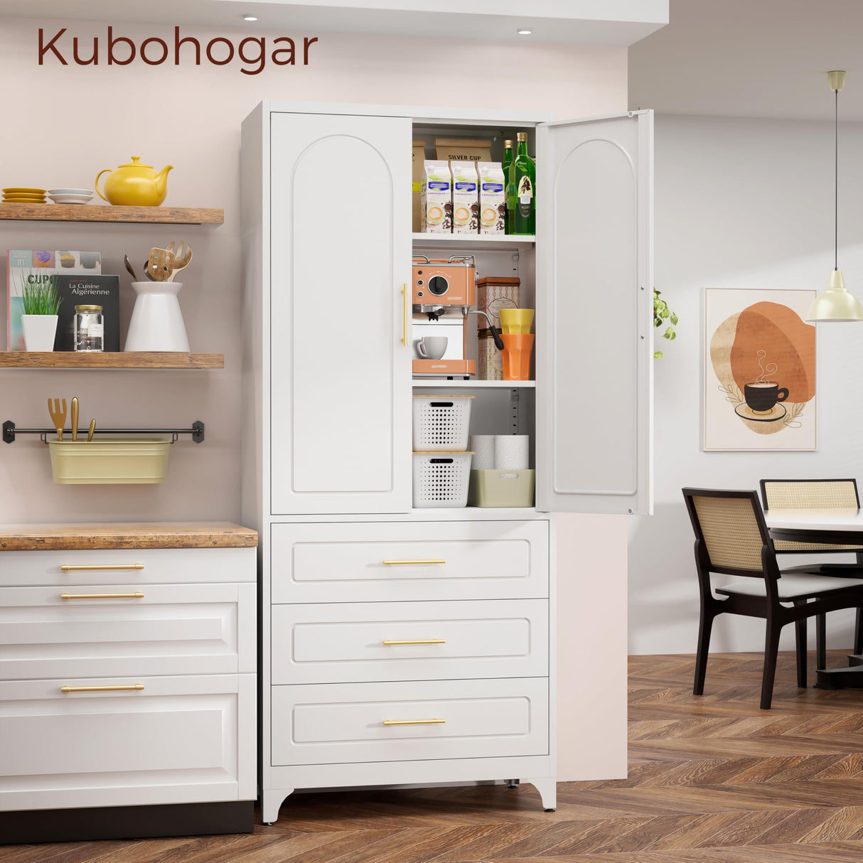 Kubohogar 75" Kitchen Pantry Cabinet with 3 Drawers, Metal Storage Cabinets with Doors and Adjustable Shelves, Tall White Pantry for Dinning Living Room Kubohogar