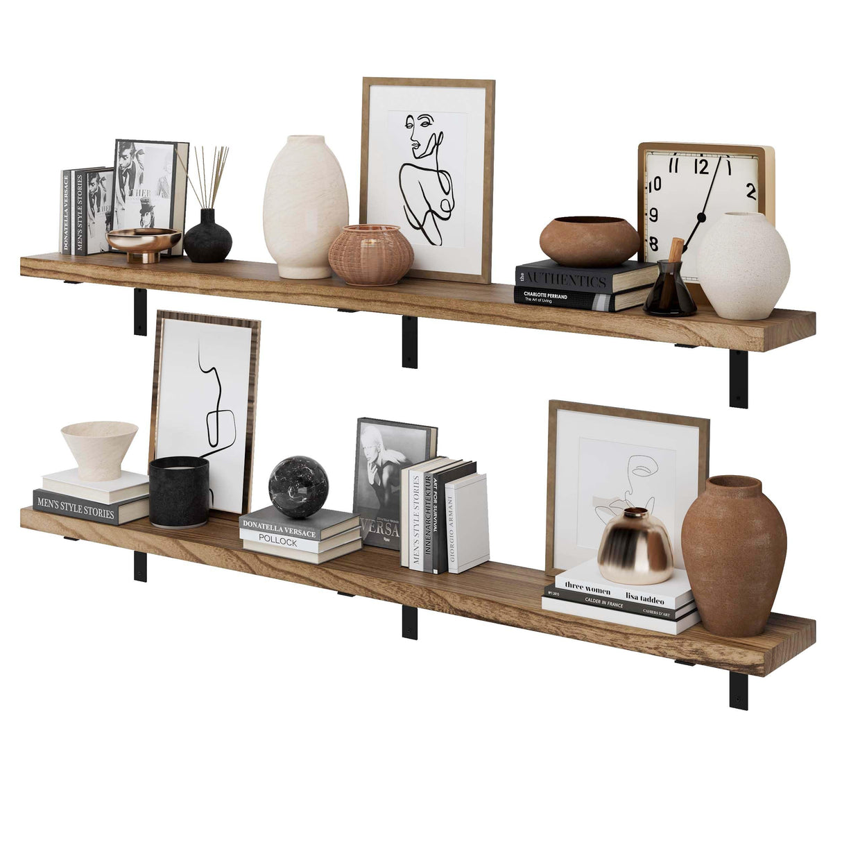 Wallniture Cervo 72"x9.5" Floating Shelves for Wall, Living Room Wall Book Shelf, Kitchen Floating Shelves with Metal Heavy Duty Brackets, Burnt Finish, Wood Set of 2 Wallniture