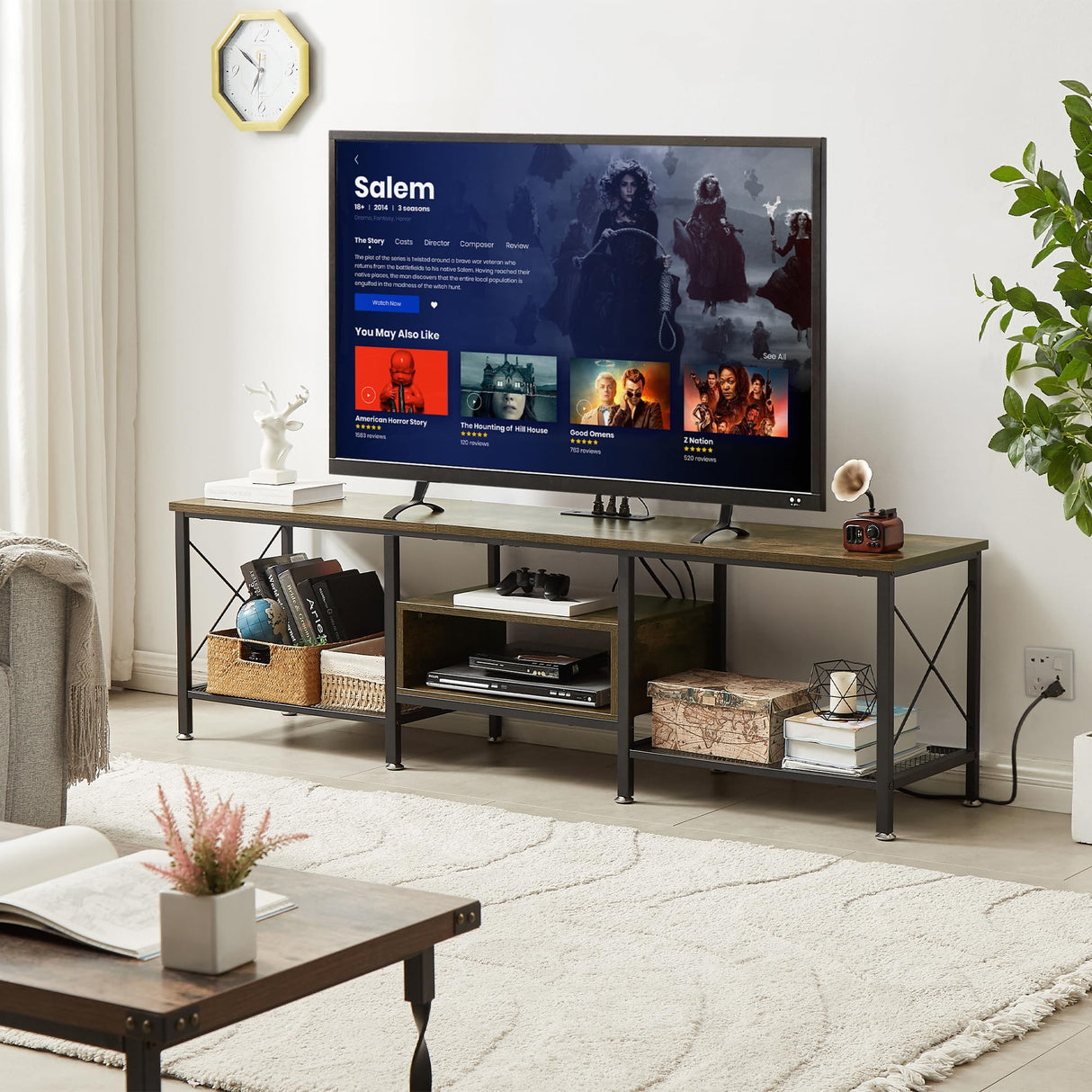 VECELO TV Stand with Power Outlets for 75 Inch Industria Media Entertainment Center with Charging Station, 3-Tier Open Shelves & Metal Frame for Living Room, Bedroom, 70 Inch, Brown VECELO