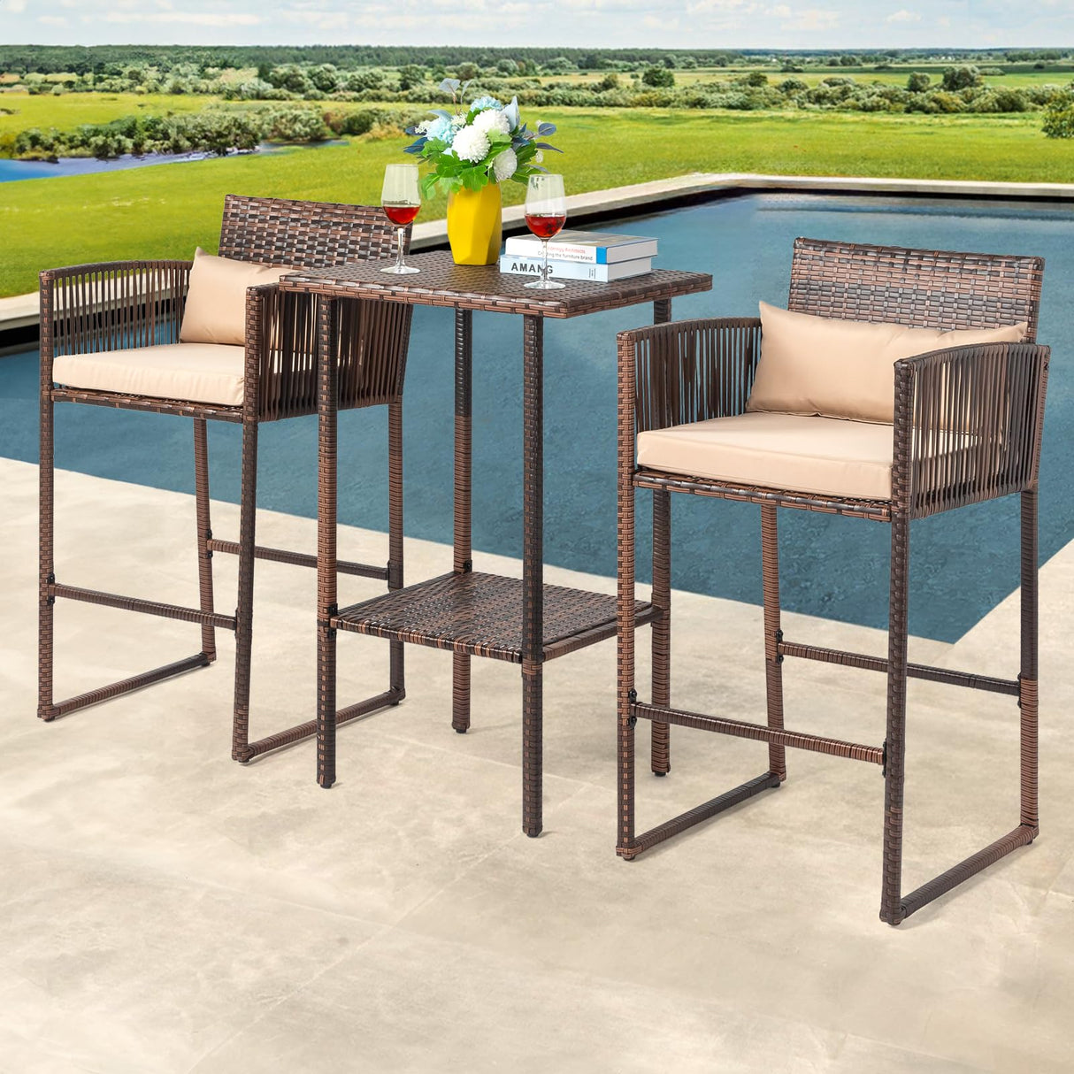 VINGLI 3 PCS Patio Bar Set Wicker, Outdoor Bar Table and Bar Stools with Storage Shelf and Cushions, Bar Height Outdoor Table and Chairs Wicker Furniture VINGLI