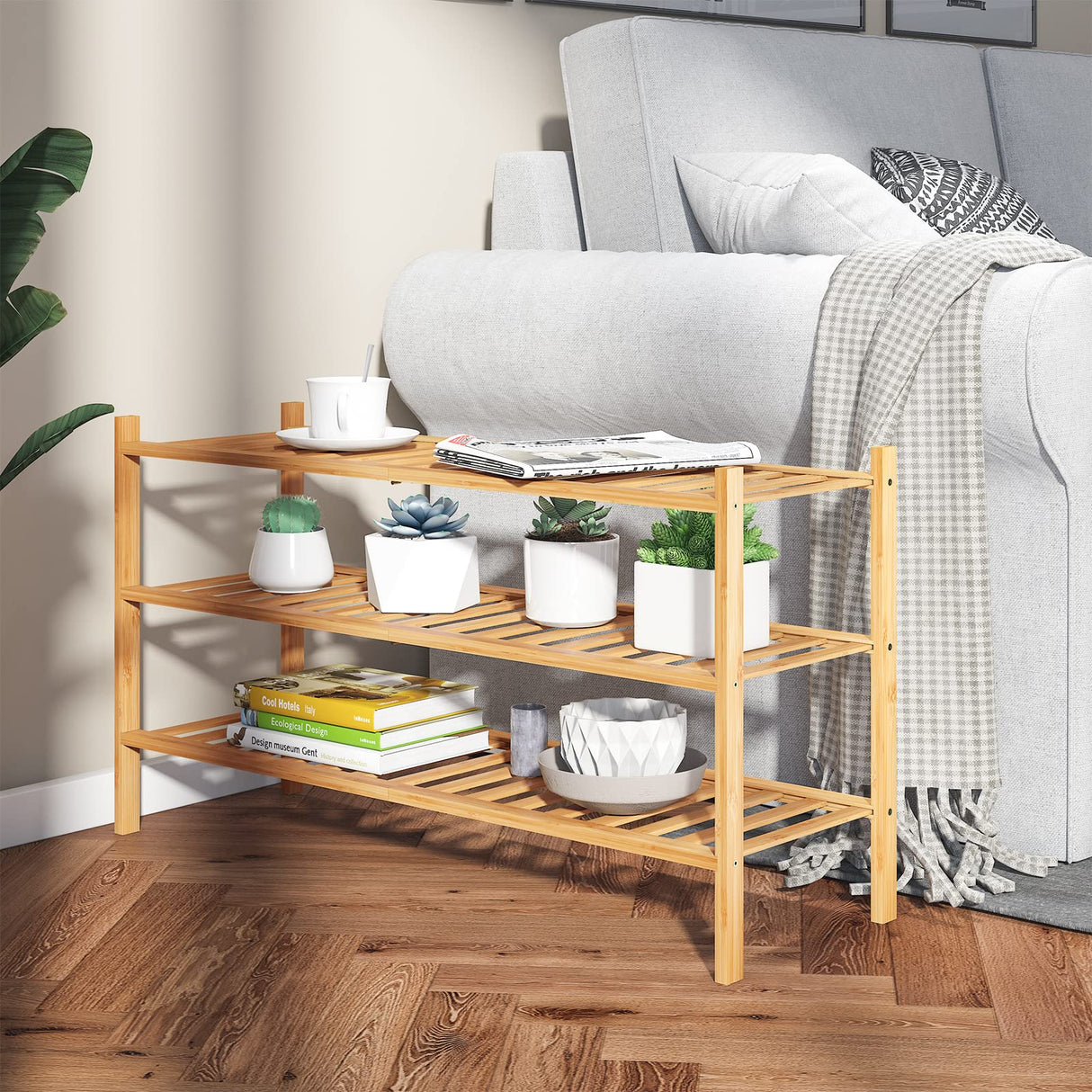 Furshus Long Shoe Rack, 3-Tier Bamboo Stackable Shoe Shelf Storage Organizer, Shoe Stand for Closet, Entryway and Hallway Furshus