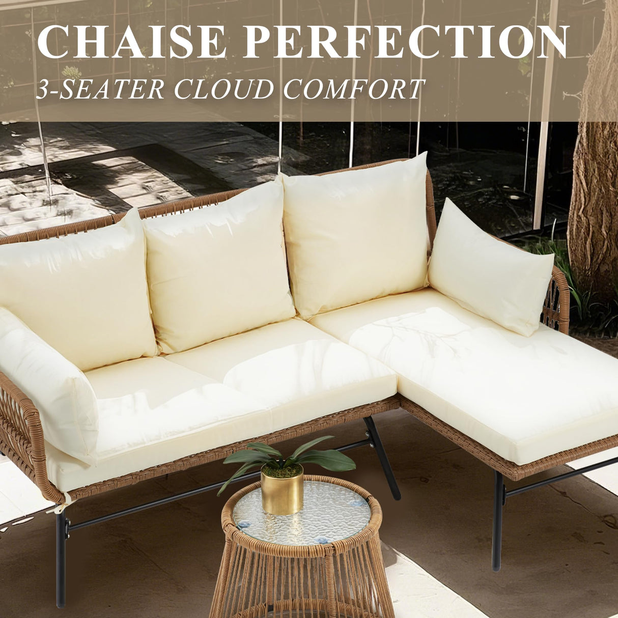 Bezseller 3-Piece Outdoor Patio Furniture Set, L-Shaped Rattan Sectional Sofa with Thick Cushions, Glass Coffee Table – All-Weather Conversation Set for Backyard, Porch, Poolside Bezseller