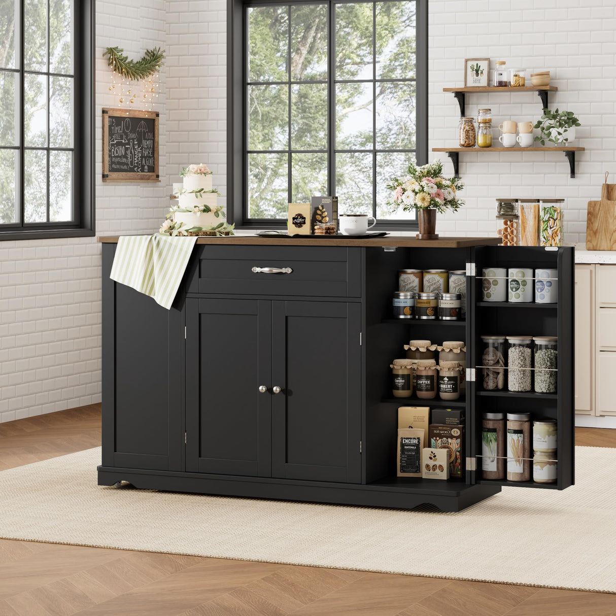 HOSTACK Kitchen Island Cart with Storage, 47'' Kitchen Storage Island on Wheels with 2 Drawers, Rolling Island Table with Adjustable Shelves, Mobile Buffet Sideboard Cabinet for Dining Room, Black HOSTACK