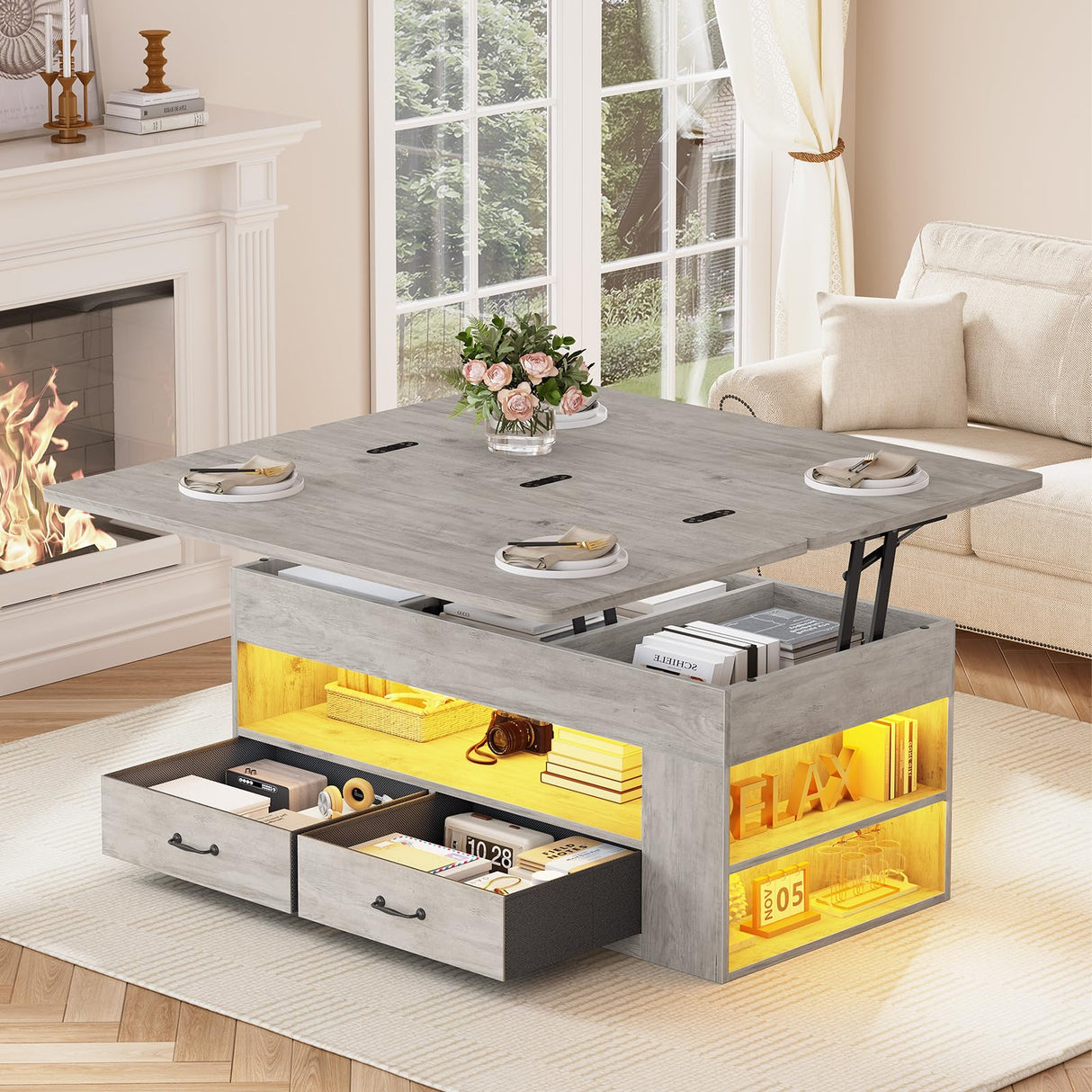 Itaar Lift Top Coffee Table, 4 in 1 Coffee Tables with Storage and Hidden Compartment, Farmhouse Coffee Table with 2 Fabric Drawers & LED Light for Living Room, Grey Oak Itaar
