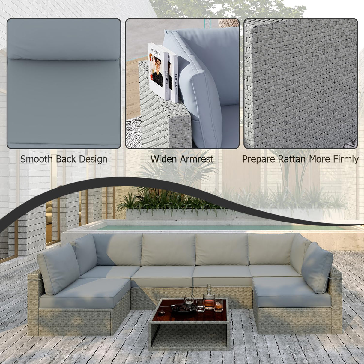 Aug-guan Patio Furniture Set 7-Piece, All-Weather Outdoor Conversation Set Sectional Sofa with Water Resistant Grey Thick Cushions and Coffee Table(Grey) Aug-guan