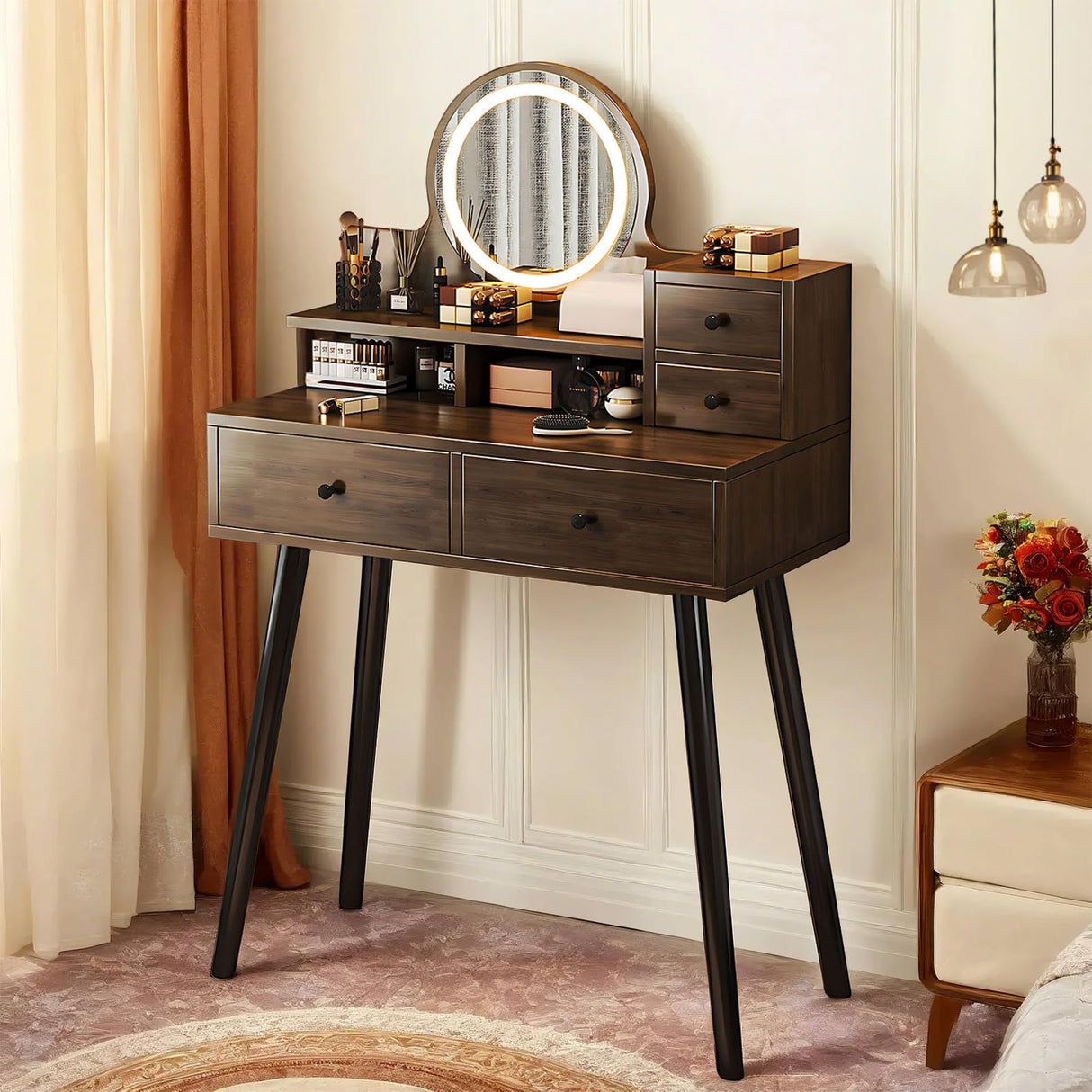 Solid Wood Makeup Vanity Desk with 3 Adjustable Lighted Mirror and Power Outlet, Dressing Table Set with Storage Drawer and 4 Wooden Shelves, Small Vanity for Dressing Room, Powder Room (Brown) QEWYHGRY