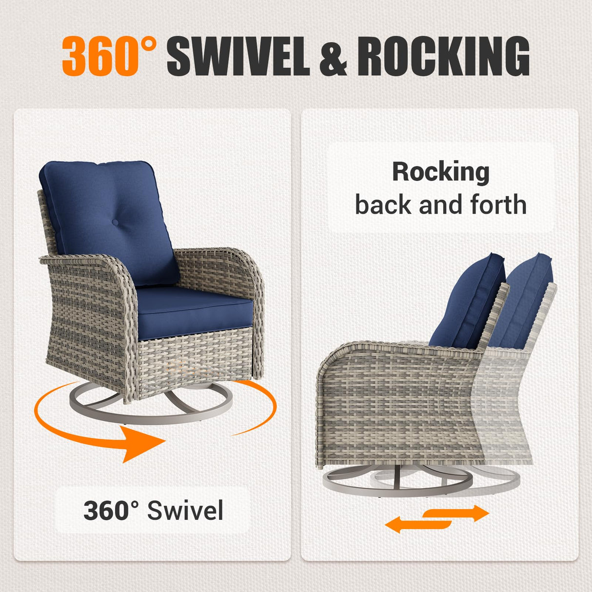 Muphyers 13-Piece Outdoor Patio Furniture Set with Rocking Swivel Chair, Wicker Rattan Sectional Sofa Conversation Set with 55,000 BTU Fire Pit Table with Ottomans, Backyard Furniture, Navy Blue Muphyers