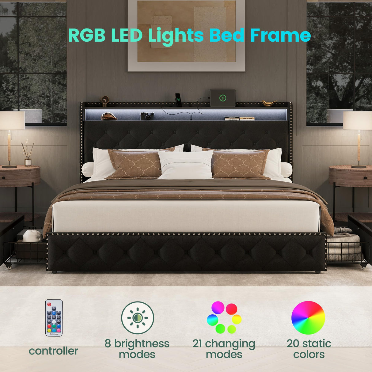 LARMACE King Size Bed Frame with LED Lights & USB Charging Station, Velvet Upholstered Platform Bed with Storage Headboard and 4 Drawers, No Box Spring Needed, Easy Assembly (Black, King) LARMACE