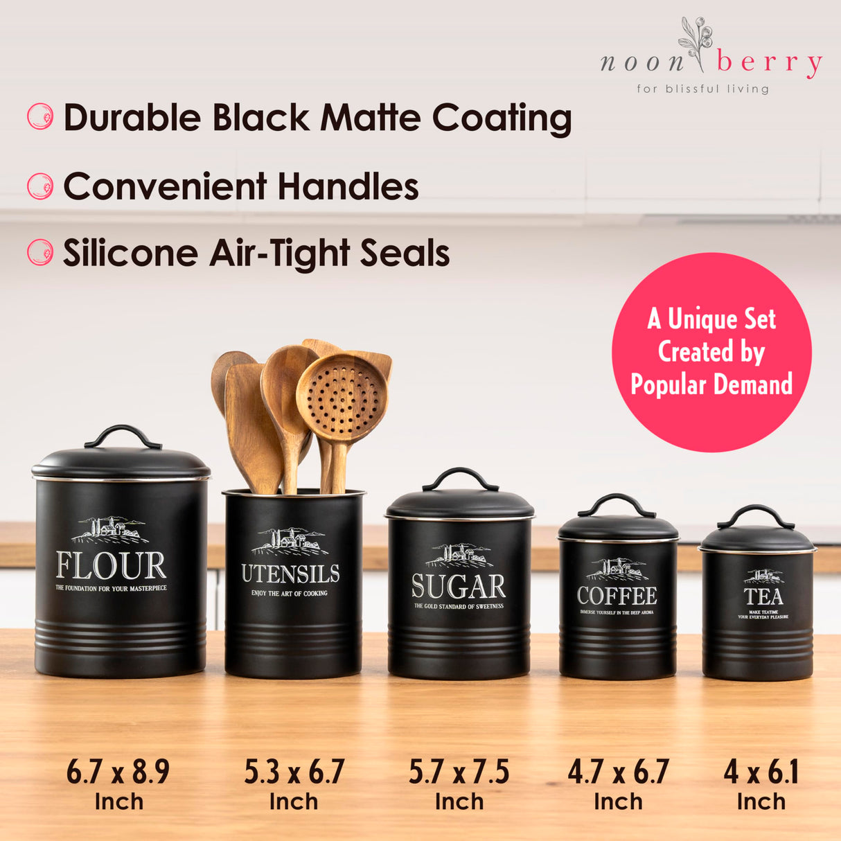 noonberry Canisters for Kitchen Counter, Set of 5 Black Containers, Airtight Coffee Tea Flour Sugar Canisters Sets for the Kitchen Countertop & Kitchen Utensil Holder noonberry