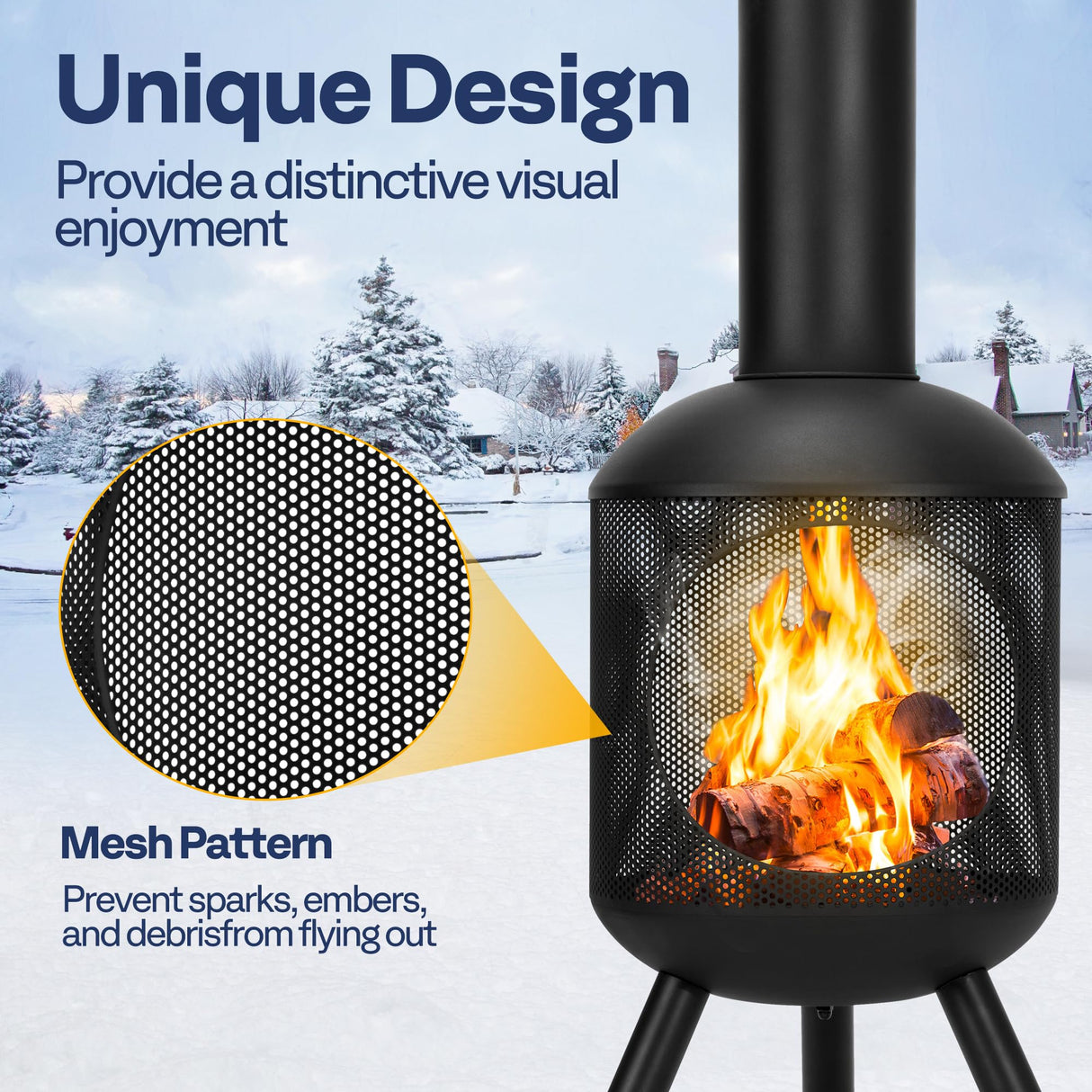 VIVOHOME 46 Inch Chiminea Outdoor Fireplace, Cold-Rolled Steel Wood Burning Fire Pit with Mesh Design, Top Chimney Cover, and Fire Poker Ideal for The Patio, Garden, and Backyard Black VIVOHOME