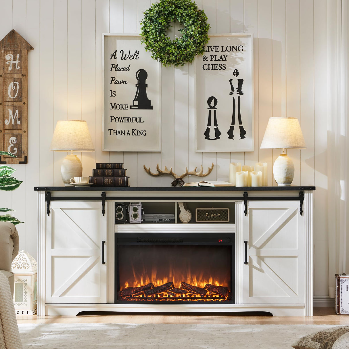 JXQTLINGMU Farmhouse Fireplace TV Stand for 80 Inch TV, 32" Tall Entertainment Center w/Drawer & Sliding Barn Door, 70 Inch Highboy Media Console for Living Room, Off White JXQTLINGMU