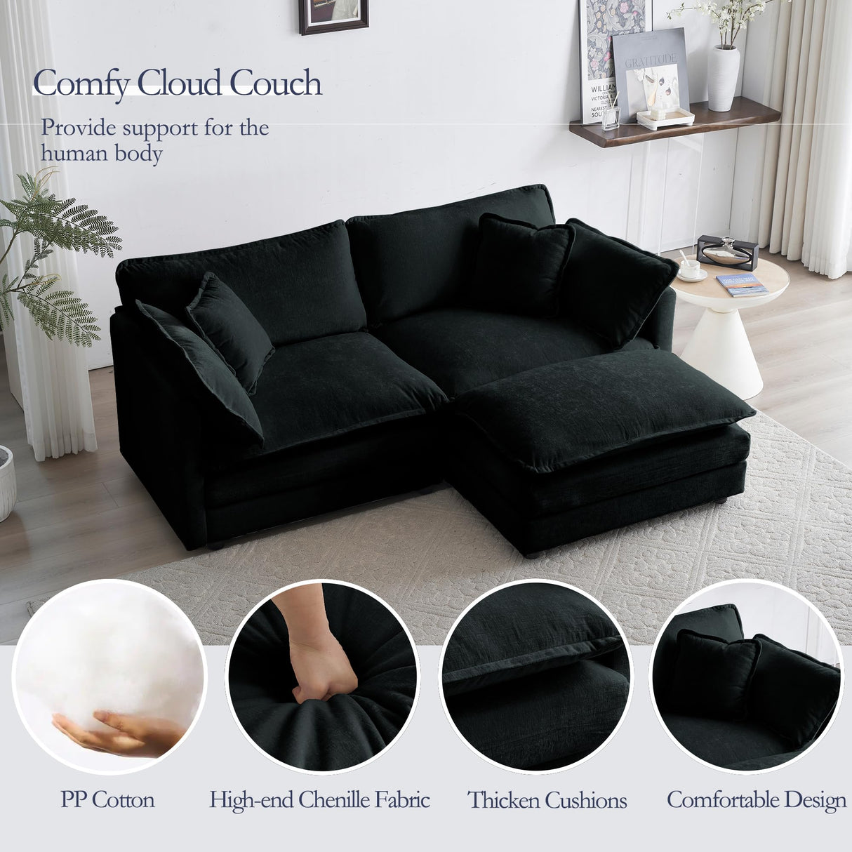 GNIXUU Deep Seat Sectional Sofa, Comfy Cloud Couch Loveseat with Ottoman, 76.7" Modern Chenille Upholstered Modular Sofa L Shaped Couch for Living Room, Apartment, Studio, Office(Black). GNIXUU
