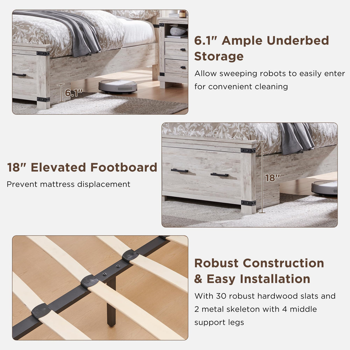 RedLemon Farmhouse King Size Wood Bed Frame with 54" Tall Geometric Headboard, 2 Large Storage Drawers, Solid Wood Slats Support, Noise Free, No Box Spring Needed, Antique Brush White RedLemon