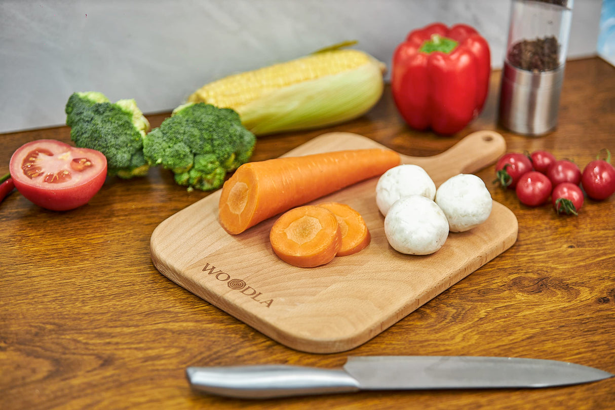 Woodla 13x7.5 Inch Thin Wood Cutting Board with Handle - Kitchen Serving & Charcuterie Board for Meat, Cheese, Fruits, Vegetables - Personal WOODLA