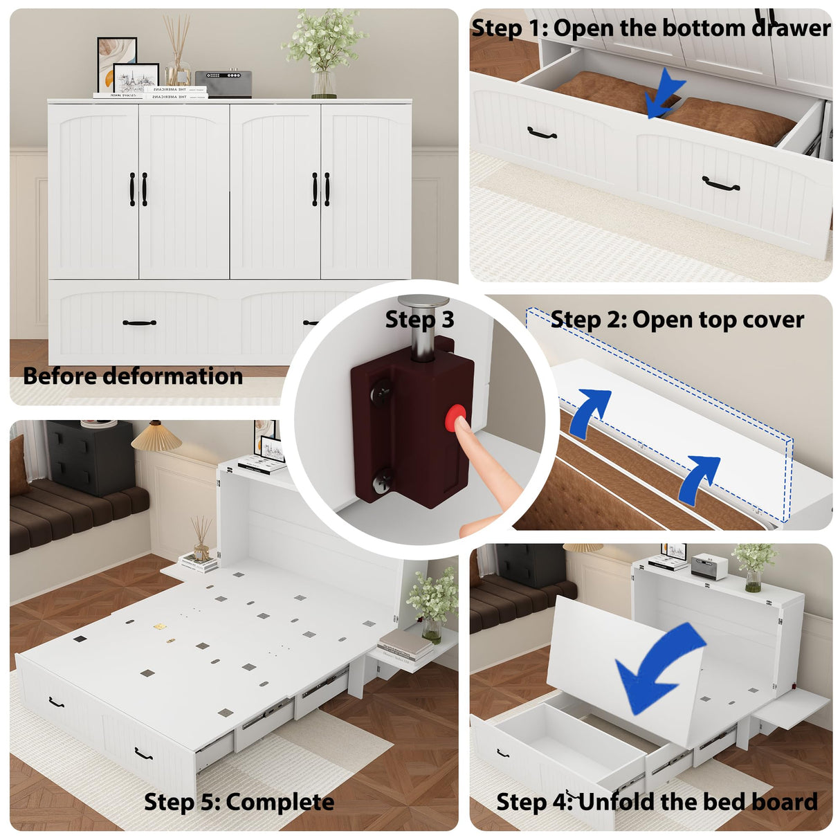 ECACAD Full Size Murphy Bed with Built-in Nightstands, Space-Saving Foldable Bed Cabinet with Large Drawer, 2-in-1 Bed Frame for Bedroom Guest Room, White ECACAD