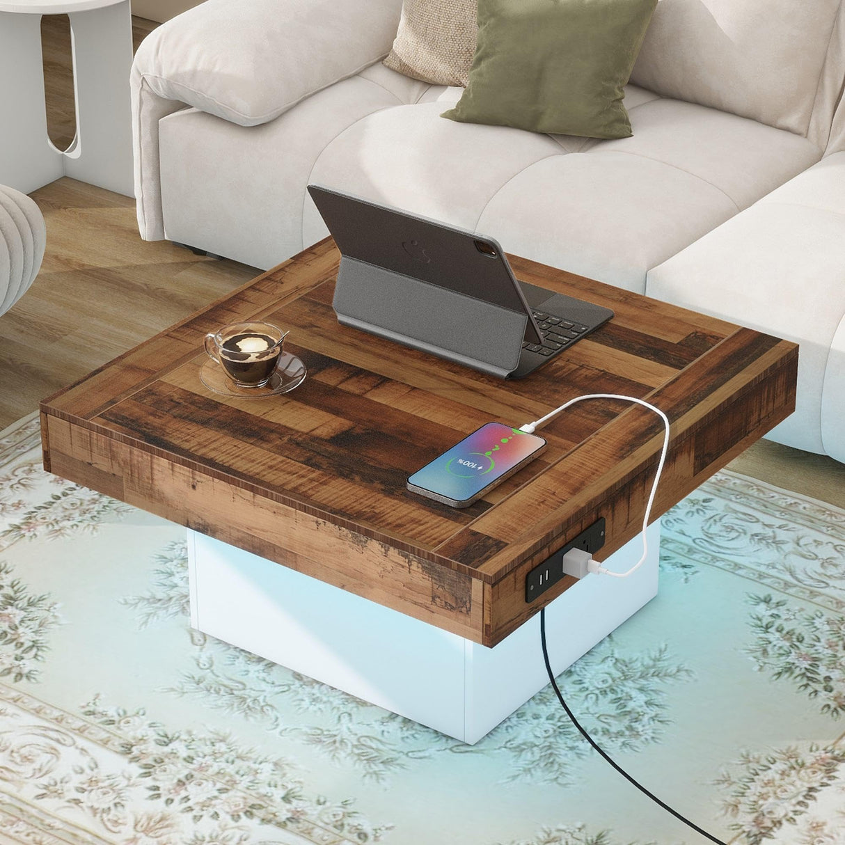Vinsetto Farmhouse Wood Coffee Table with 2 USB Ports and Outlets, LED Light, Anti-Slip Foot Pads, Spliced Wood Grain, 31.5" L x 31.5" W x 16.5" H, White Vinsetto