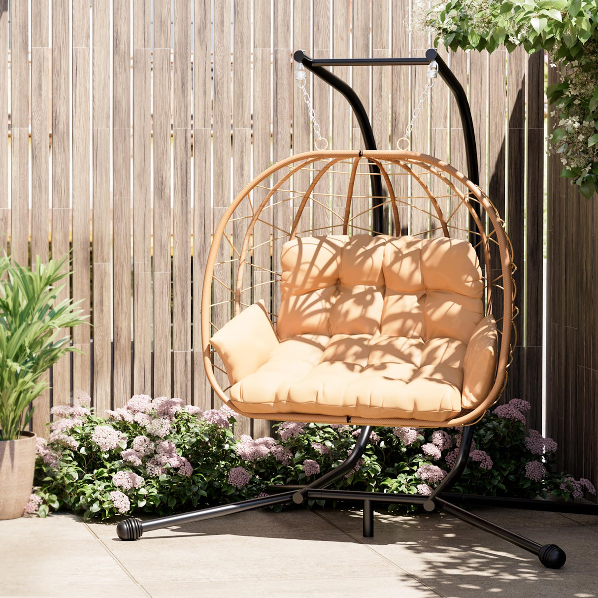 Pamapic 700 LBS Double Egg Chair Outdoor, UV Resistant Cushions Hanging Egg Chair with Armrests & Headrest, Thick Steel Frame Egg Swing Chair with Stand, for Relaxing & Reading Outside/Inside(Beige) Pamapic