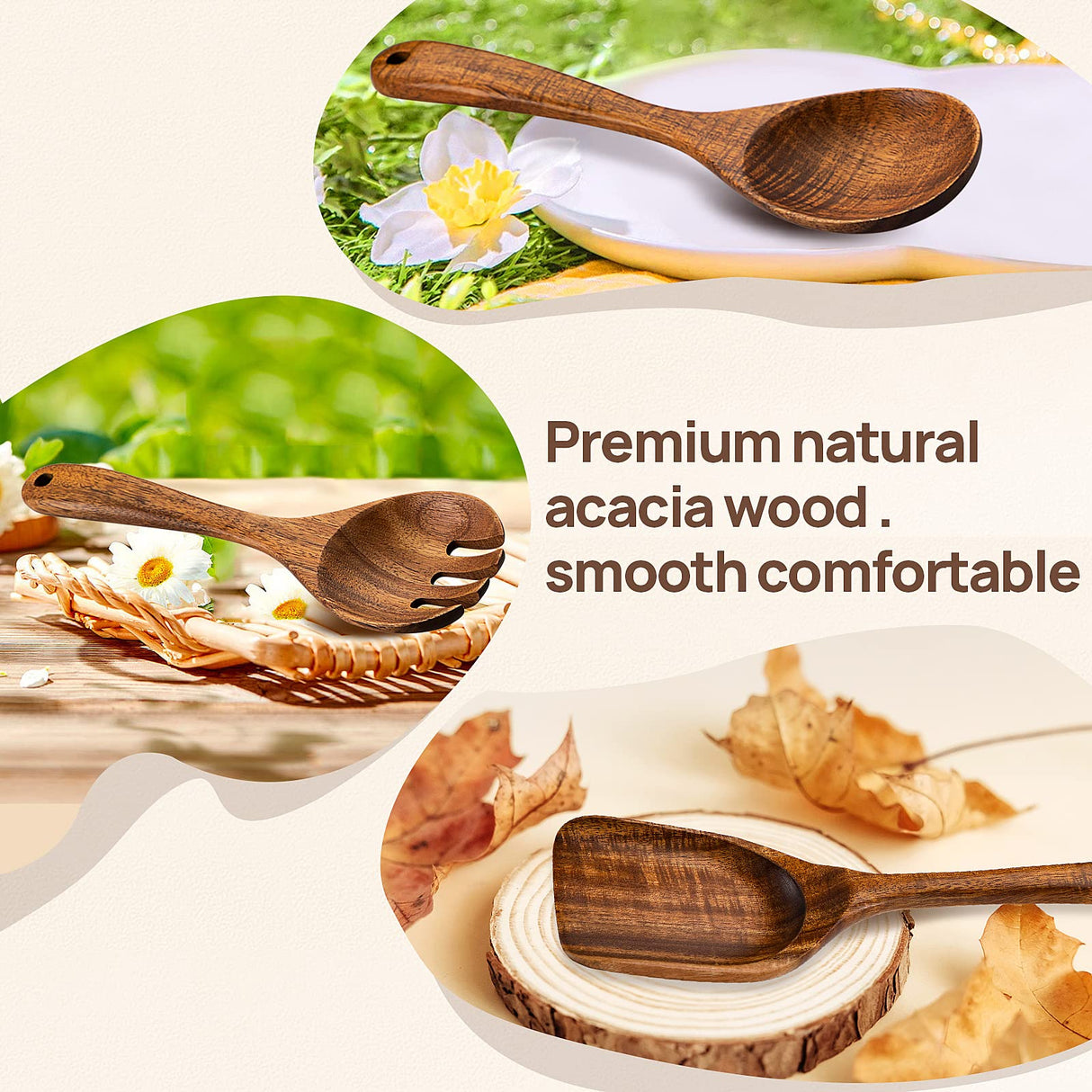 TANAAB Kitchen Wooden Spoons Utensils Set for Cooking, 5 Piece Acacia Wood Spoon Cooking Utensils Apartment Essentials Wooden Turner Spoon Spatula Kitchen Set for Nonstick Cookware (5-pieces-set) TANAAB