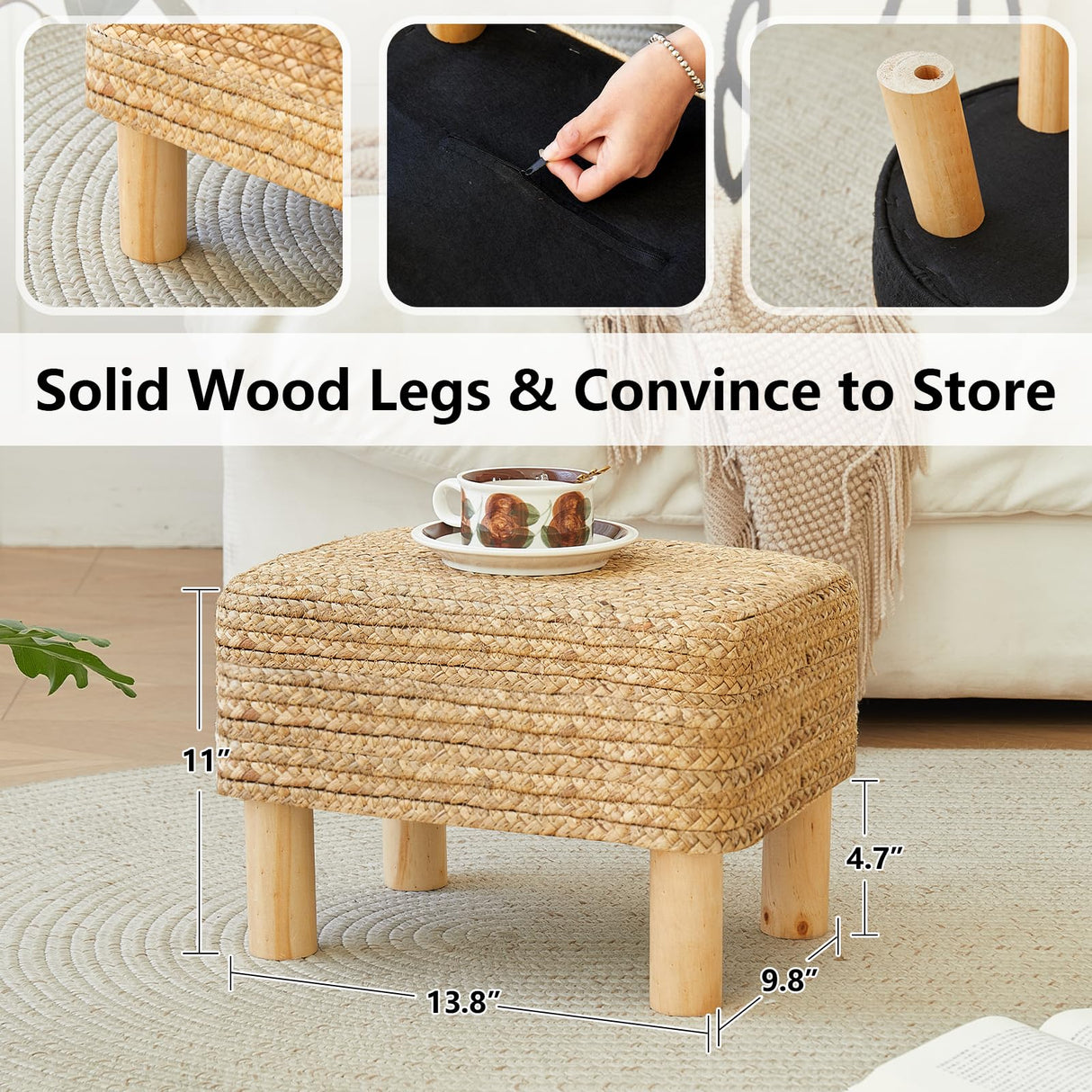 ALeesing Ottoman Foot Stool Rectangular Footrest Natural Seagrass Footstool with Wooden Legs Hand Weave Multifunctional Modern Dressing Stool, Sofa Side Table for Bedroom for Living Room (Nature) ALeesing