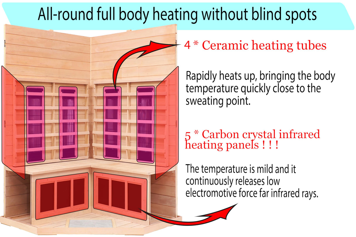 KUNSANA Ceramic Infrared Sauna 2-3 Person Far Infrared Saunas for Home Low EMF Indoor Home Sauna Hemlock Wooden Corner Sauna Room w/Bluetooth Speaker, LED Reading Lamp, Chromotherapy Light KUNSANA